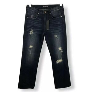 Denimocracy Women's Dark Wash Distressed Straight Leg Jeans